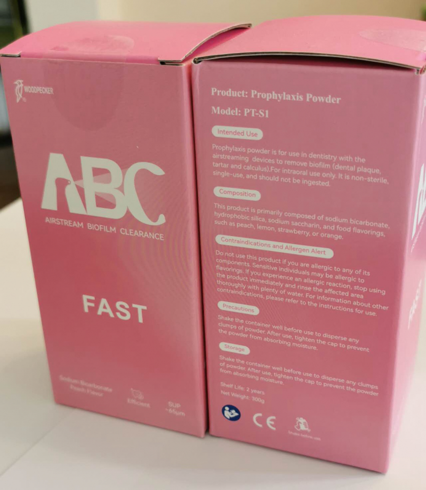 woodpecker Original FAST 65 µm Natriumbicarbonat-Pulver (300 g/Flasche, Pfirsichgeschmack)